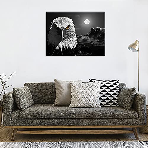 Cool Eagle Wall Art Decor For Living Room, Piy Fierce Bald Eagle Under Moon Night Picture, Awesome Black And White Canvas Prints Decor Artwork (Waterproof, Bracket Fixed Ready To Hang, 24X36 Large) #TOP4