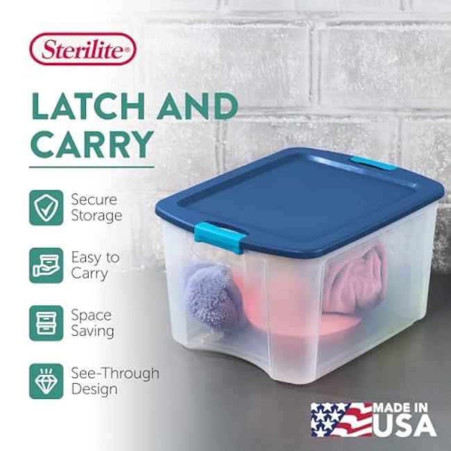 Sterilite 18 Gal Latch and Carry, Stackable Storage Bin with Latching Lid, Plastic Container to Organize Closets, Clear with Blue Lid, 6-Pack