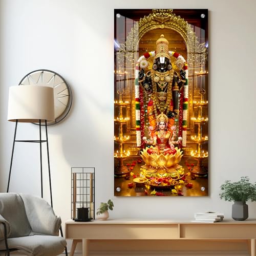 Image of The Hanging Story Tirupati Balaji & Laxmi ji Wall Painting for Living Room, Bedroom, Office, Home Temple | Vastu Religious Wall Decor Frame | Printed 4MM Acrylic (12x23 inch)