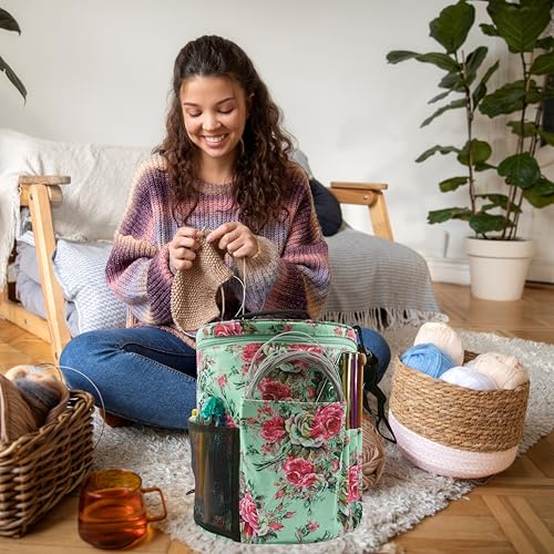 Image of WAZAIGUR Green Flowers Pattern Large Capacity Multifunctional Crocheting Knitting Project Bag Strong Yarn Storage Organizer Bag Tote Travel Crochet Needles Bag