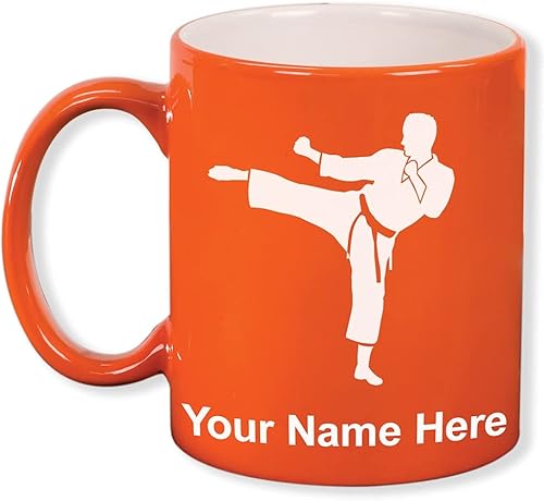 Miniatura 7 de Taza de café redonda de cerámica de 11 onzas, Karate Man, grabado personalizado incluido (negro)