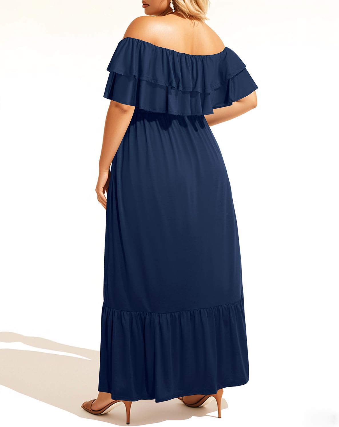 Plus Size Off The Shoulder Maxi Long Casual Layered Ruffle Beach Sundress Women Pocket 2024 - Image 2