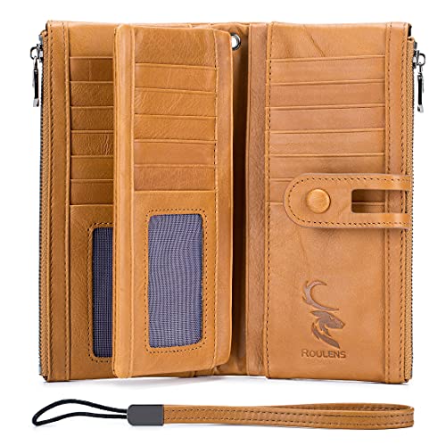 Roulens Wallet for Women Large Capacity Genuine Leather Bifold RFID Blocking Card Holder Clutch Travel Purse Wristlet