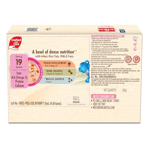 Image of CEREGROW with NO Refined Sugar, Multigrain Cereal with Milk & Fruits, Source of 19 Nutrients (Iron, Omega 3, Protein, Calcium), Free Steel Bowl, 300g, Bag-in-Box Pack (Pack of 2)