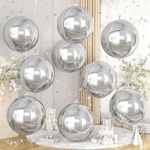 Image of 9 Pcs Silver Round Foil Balloons,22 Inch Metallic Silver Round Balloons | Silver Giant 4D Round Ball Balloons For Graduation Birthday Wedding Anniversary New Year Disco Party Decorations