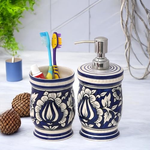 Image of Hand-Painted Ceramic Bathroom Accessories Set of 2 | 300ml Liquid Soap Dispenser & Toothbrush Holder | Rust-Proof Bathroom Organizer for Home & Wash Basin Decor | Blue Mughal