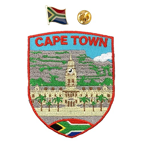 A-ONE Cape Town Colorful Embroidered Patch + South Africa Flag Adhesive Emblem, Garment Iron on Sew on Accessories, Landmark Patches and Metal Pin for Shirts, Dog Harness, Jackets NO.415P