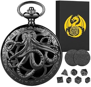 Mini DND Dice Set With Steampunk Hollow Octopus Pocket Watch Shell Case, 7pcs Polyhedral Metal Dice Set, D&D Gifts With Gift Box, Role Playing Board Games Accessories, Black