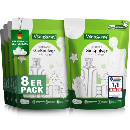 Venusarm Keramik Gießpulver Weiß 19 2kg [TESTSIEGER] Gips zum Gießen Natürlich Reliefgießpulver Lufthärtend und Geruchslos Giesspulver Weiss für Silikonformen Gießformen Gießmasse Weiß Ultra