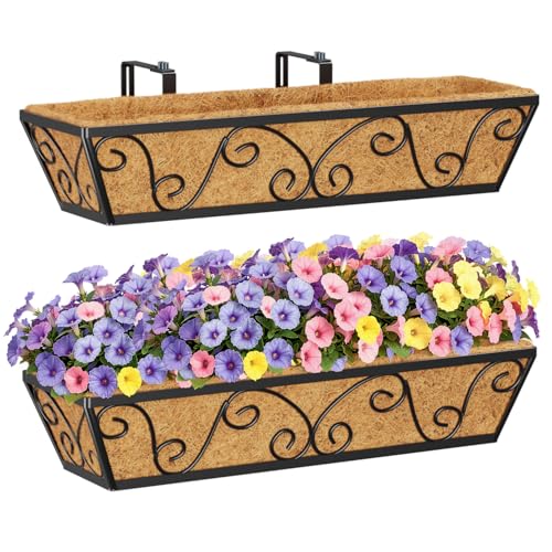 HFHOME Set of 2 24/60.9cm Wall Trough Rail Planters, Metal Butterfly Planter Box with Coco Liner, Long Flowerpot for Railing Window Box Porch Balcony & Outdoor Fences