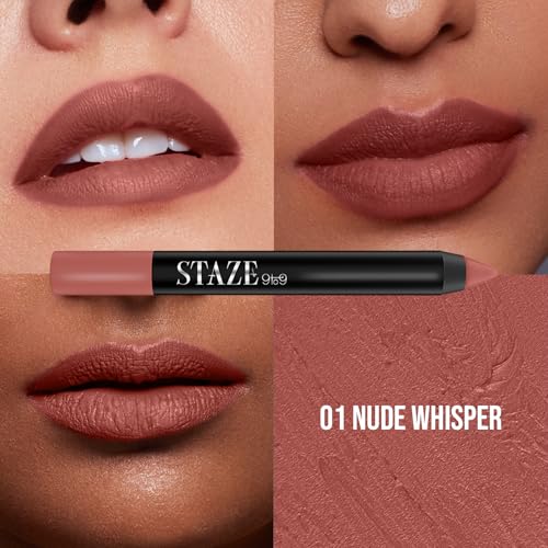 Image of Staze Pout On Transfer proof Lip Crayon | Upto 12 hours long stay | One Swipe High Matte Pigment | Vitamin E & Jojoba Oil | Sharpenable Smudgeproof & Waterproof Lip Crayon | 01 Nude Whisper | 3.5g