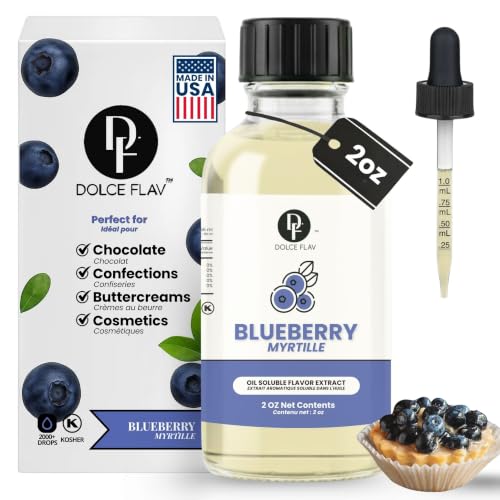 Dolce Flav Blueberry Extract – 2 Ounce Oil-Soluble Kosher, Sugar-Free, Concentrated Ripe Blueberry Flavoring for Baking, Chocolates &amp; Desserts, Includes Measured Dropper