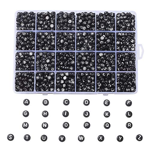 Cheriswelry 1776pcs/box Black Acrylic Alphabet Beads White A-Z Letter Spacer 7mm Flat Round Disc Coin Charms for Name Bracelet Necklace Jewellery Making
