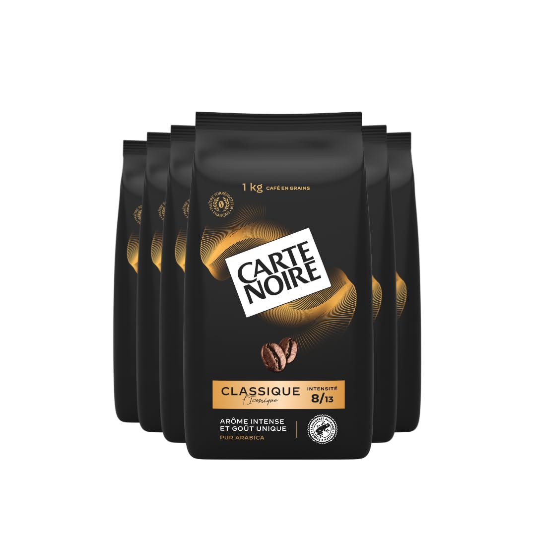 Carte Noire Café en Grains Classique, Pur Arabica, Certifié Rainforest Alliance, 6 Paquets de 1 kg