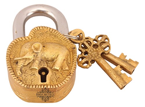 Image of Indian Art Villa Handmade Old Vintage Style Antique Elephant Design Brass Security Lock with 2 Keys|Home Temple Office