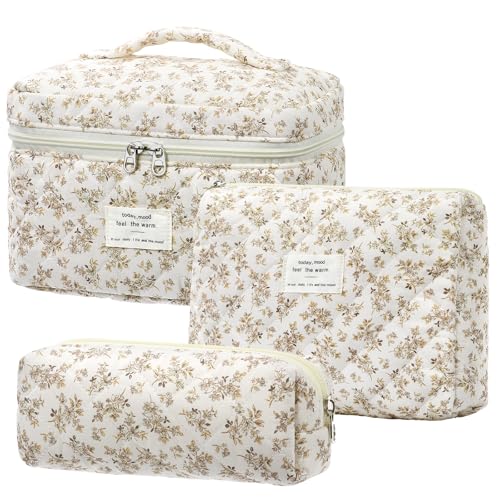 BuyCard Neceser de 3 Unidades, Neceser para Mujer con Estampado de Flores, Bolsa de Aseo Acolchada, Bolsa de Maquillaje portátil para Viajes y Uso Diario, Bolsa de Maquillaje para Mujeres y niñas
