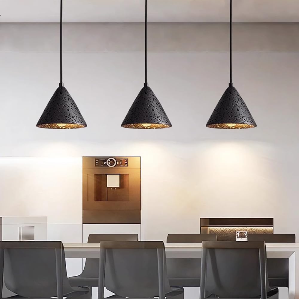 Lampada a sospensione a cono nero, lampada a moderna regolabile for isola cucina, apparecchio di illuminazione a soffitto sospeso in pietra nera naturale industriale