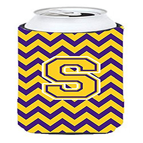 Caroline's Treasures CJ1041-STBC Letter S Chevron Purple and Gold Tall Boy Hugger Can Cooler Sleeve Hugger Machine Washable Drink Sleeve Hugger Collapsible Insulator Beverage Insulated Holder