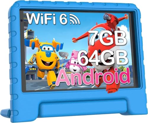 Image of JUSYEA Tablet 7-Inch Android, 64GB ROM (1TB TF), Octa-Core, Widevine L1, GPS, 5G+2.4G WiFi 6, 3500mAh, BT 5.0, Parental Controls, EVA Silicone Protective Case-Blue