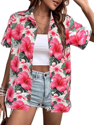 Women's Button Down Hawaiian Shirts Tropical V Neck Summer Beach Blouses Tops Floral Print Vintage Short Sleeve Tees