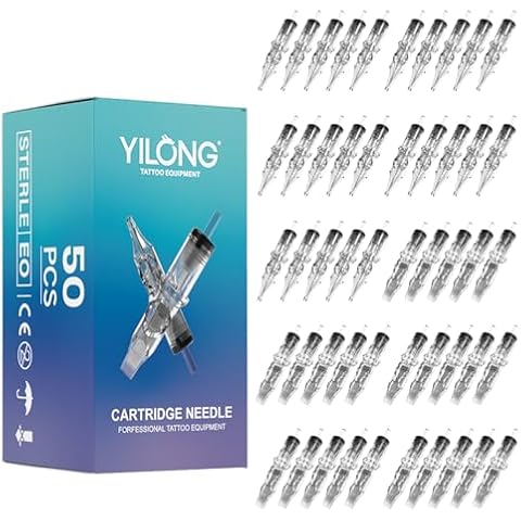 YILONG Assorted Tattoo Needles Cartridge - 50Pcs Mixed Size Round Liner Shader Magnum - 5 Pcs each of 3RL，5RL，7RL，9RL，5RS，7RS，9RS，9RM，11RM，7M1 Disposable Membrane Tattoo Needles for Tattoo Gun Machine Cover