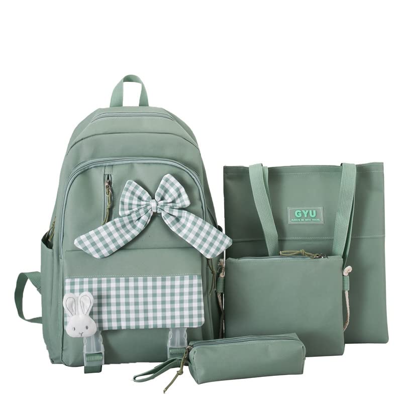 Juego de 4 mochilas Kawaii para escuela, maletines, estuche, monedero para niñas y escuelas, Verde