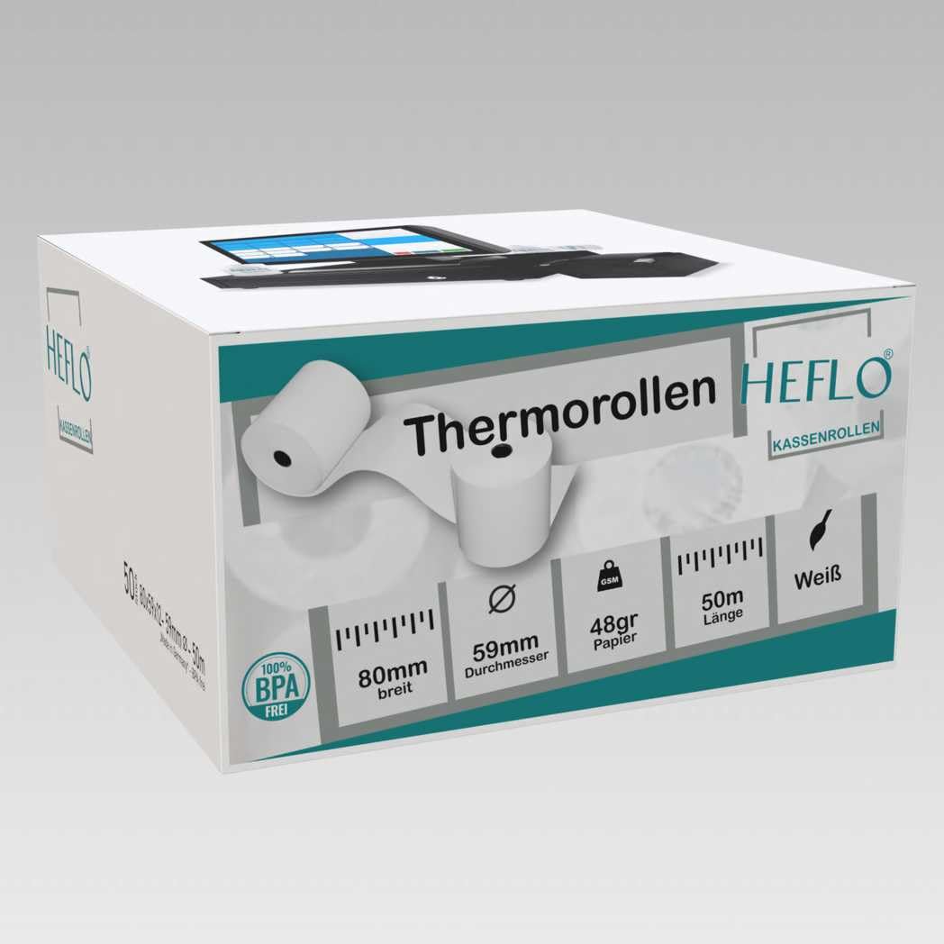 50 x Thermorollen 80mm x 50m, Ø 59mm, 48g, 50m lang, Thermopapier BPA frei, mit Endmarkierung, z. B. für Quorion QTouch 10T, QTouch 8, Epson TM-T88, Star TSP Series, u.v.m.