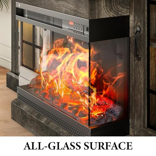 Image of MXV 59'' Fireplace TV Stand, Farmhouse Entertainment Center with 3 Sided Glass TV Stand, Modern Media Console Table with Storage Drawers & Cabinets with LED Flame and Lights for Living Room, Gray