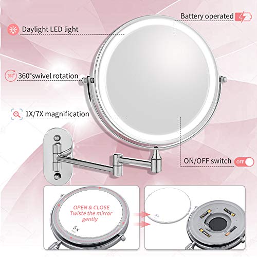 Himimi LED Wall Mounted Makeup Mirror, Double Sided Swivel Vanity Mirror, Touch Button Adjustable Light, Stainless Steel, Shaving in Bedroom or Bathroom, 8 inch, 4 x AAA Batteries (not Included)
