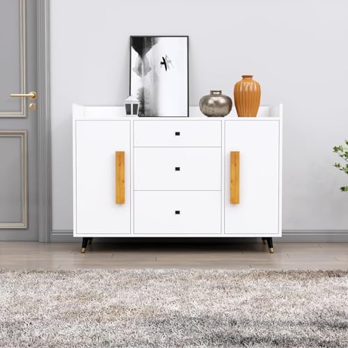 Image of Bniture Wooden Sideboard Cabinet for Living Room | Wooden Storage Cabinet with 2 Door & 3 Drawer | Engineered Wood Multipurpose Cabinet with Spacious Shelves for Home | Frosty White