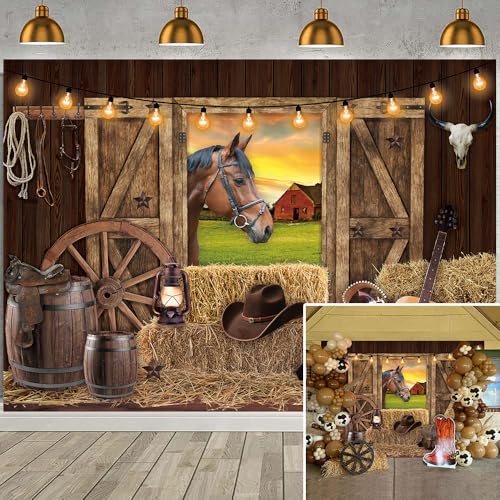 CORFOTO 2,5x1,8m Tessuto Western Cowboy Backdrop Campo d'erba verde del recinto di legno della foto del cavallo Sfondo Baby Shower Cowboy Kids Compleanno Decorazione del partito Foto Sfondo Props