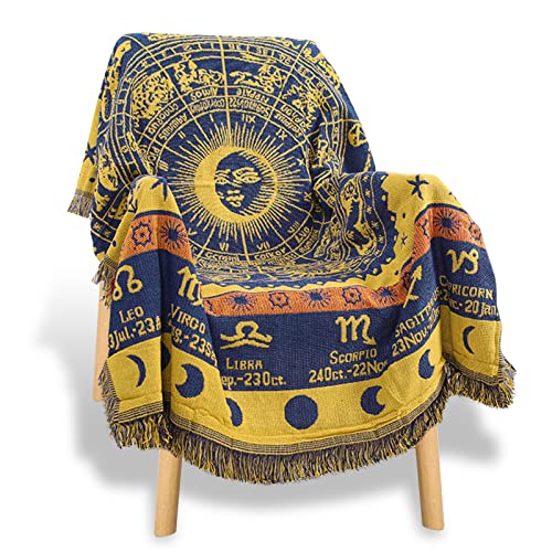Zodiac Throw Blanket，Edcooy Boho Hippie Woven Witchy Astrology Celestial Constellation Balnket For Home Decor, Double Side Cover Chair Sofa Couch(Yellow,S 51" X 71") #TOP5