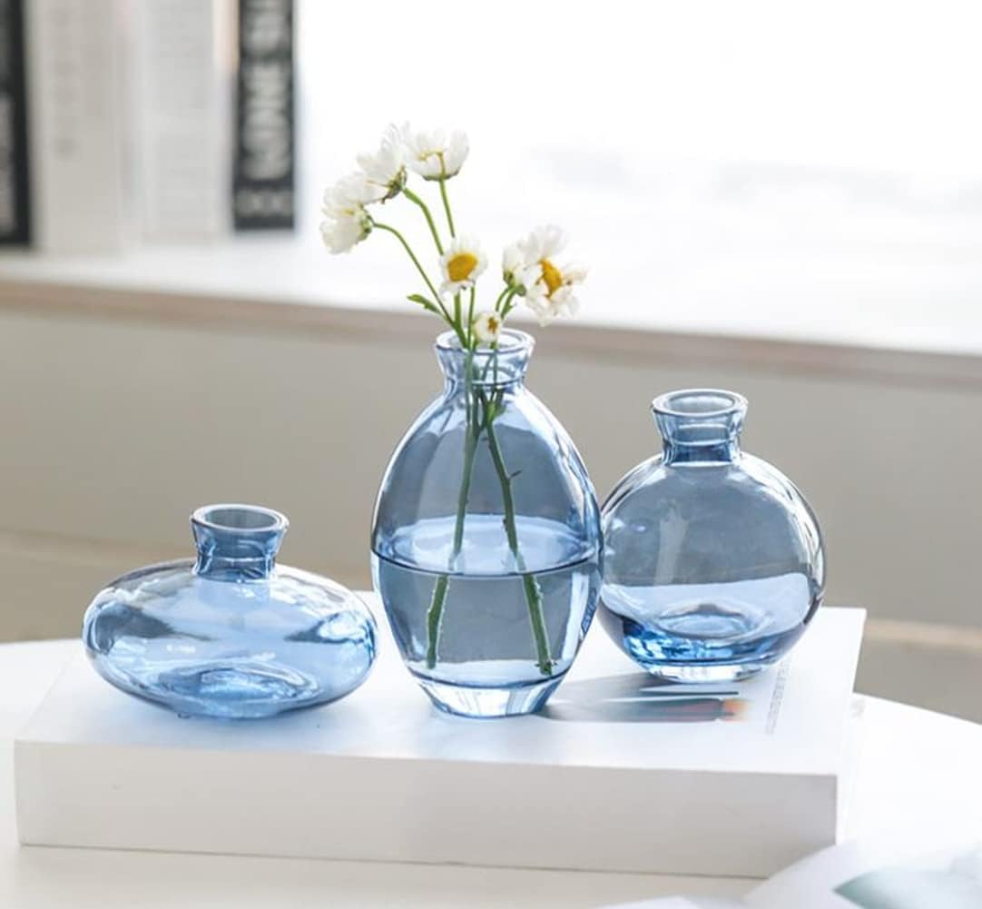 Glass Bud Vase Set of 3, Mini Vases Small Vases for Flowers, Glass Vases for Home Decor Centerpieces, Decorative Modern Flower Vase for Wedding, Bookhelf Décor, Table Décor (Blue)