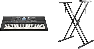 Yamaha PSR-E473 Portable, Versatile Digital Keyboard with 61 Touch-Sensitive Keys, in Black & RockJam XX-363 Xfinity Doublebraced Pre Assembled Keyboard Stand with Locking Straps & Lessons.,Black