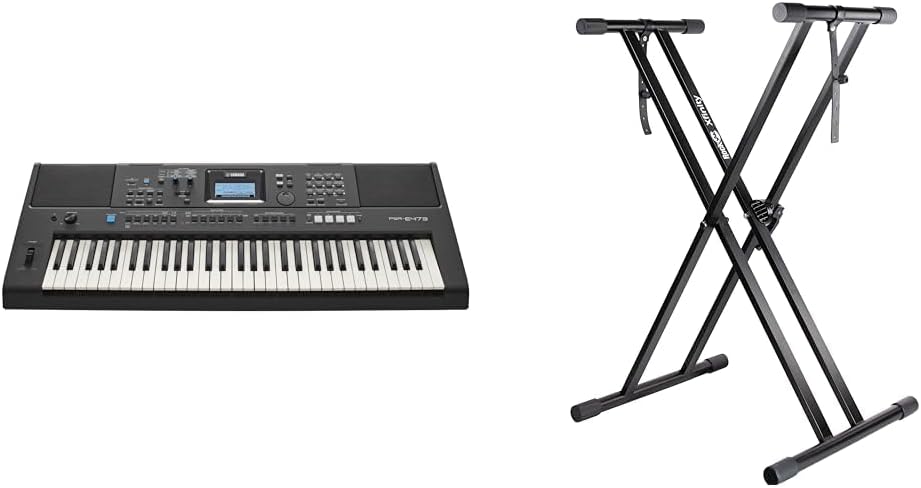 Yamaha PSR-E473 Portable, Versatile Digital Keyboard with 61 Touch-Sensitive Keys, in Black & RockJam XX-363 Xfinity Doublebraced Pre Assembled Keyboard Stand with Locking Straps & Lessons.,Black