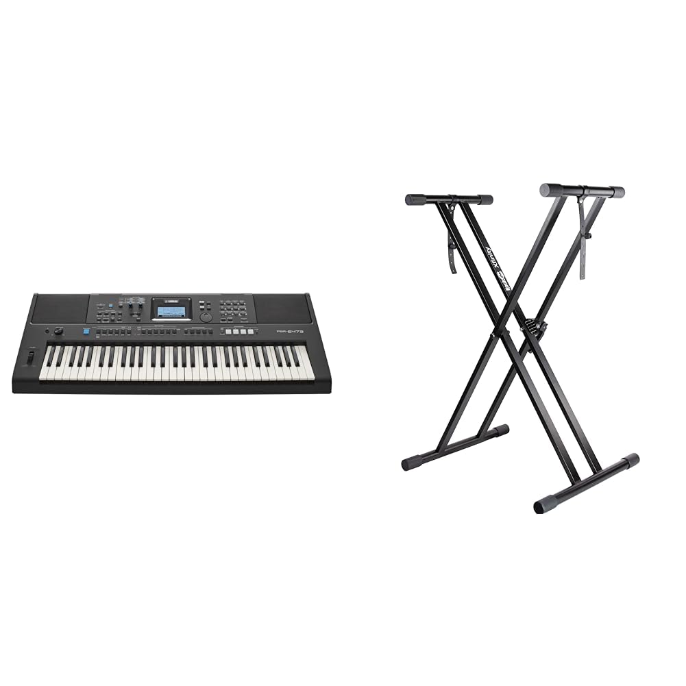 YAMAHAPSR-E473 Portable, Versatile Digital Keyboard with 61 Touch-Sensitive Keys, in Black & RockJam XX-363 Xfinity Doublebraced Pre Assembled Keyboard Stand with Locking Straps & Lessons.,Black