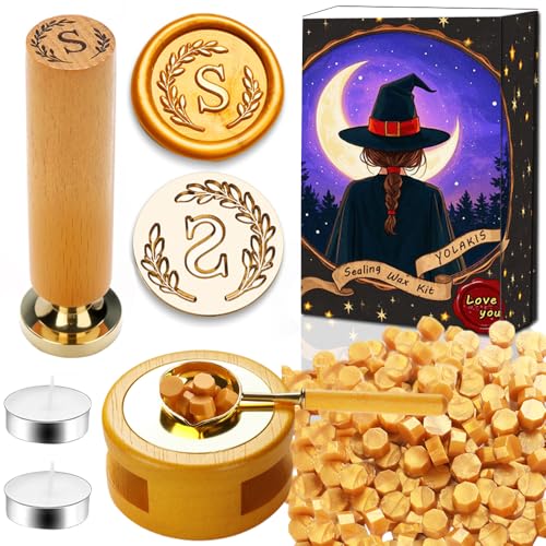 YOLAKIS Botanical Alphabet S Wax Seal Stamp Kit with Initial Wood Handle Vintage Floral Leaves Brass Wax Stamp Head Ideal for Wedding Invites Gift Wrapping Envelopes & Christmas Cards Decor-S Kit
