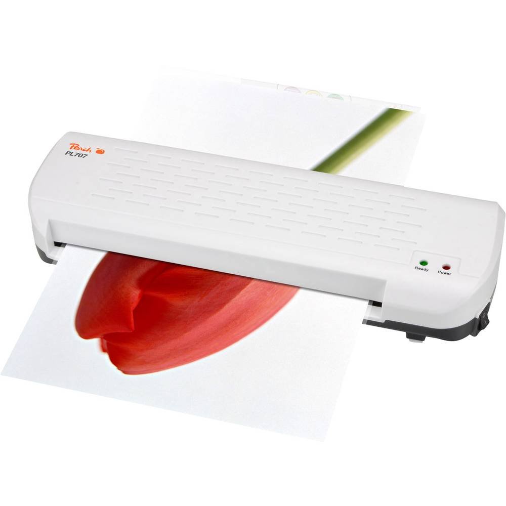 Peach PL707 domowe urządzenie do laminowania DIN-A4, gotowe do użycia w ciągu kilku minut, nadaje się do standardowych folii, 1½ strony na minutę, w zestawie 10 folii do laminowania
