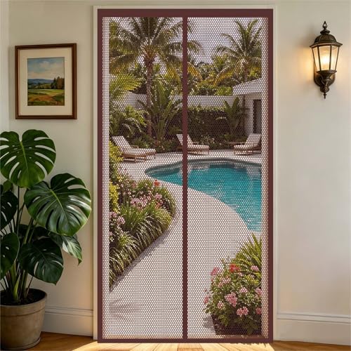 Cortina Mosquitera 178 x 210 cm Malla Imanes de Poliéster Imanes, Se Cierra Automáticamente Cortinas Mosquitera Puerta Magnetica Exterior Insectos para Salón, Balcón, Marrón