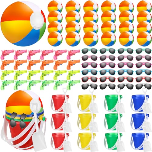 Threan 60 Pcs Pool Beach Party Favors End of Year Gifts for Students Include Beach Balls Sand Buckets Shovels Sunglasses Water Gun Bulk for Ages 3 4 5 6 7 8 Summer Party Supplies Outdoor