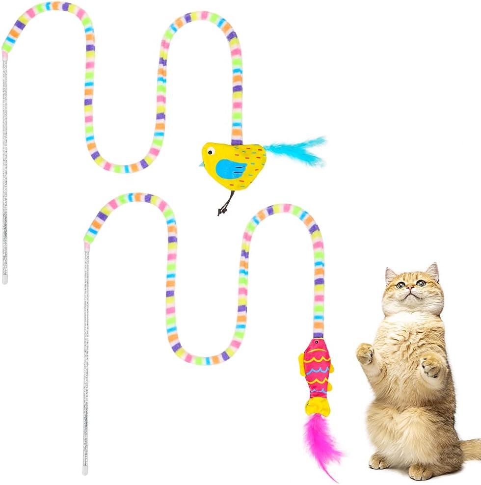 BINGPET Cat Wand Toys - 2 Pieces Interactive Cat Feather Toys, Durable Cat Teaser Toys with Fish and Bird Model, Crinkle Paper Inside,…