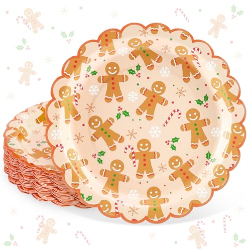 FYSUIMU Christmas Paper Plates Party Plates Xmas Gingerbread Man Scalloped Disposable Dinner Plate for Winter Holiday Birthday Baby Shower Tableware Supplies 40 Pcs