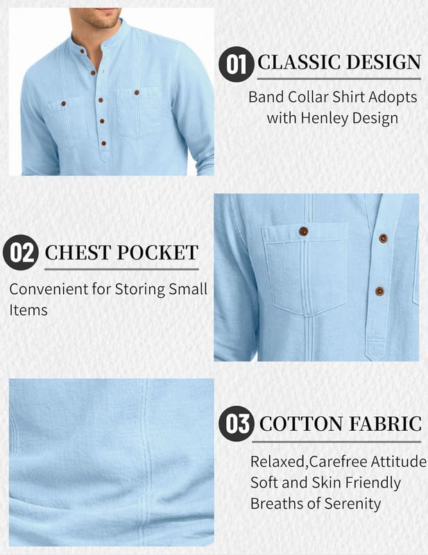 Image of ROYALSCOUT Men's Cotton Polyester Blend Kurta Style Shirt with Mandarin Collar, Half Button Placket, Dual Chest Pockets, Long Sleeve Casual Ethnic Fusion Wear for Office, Festive and Daily Use