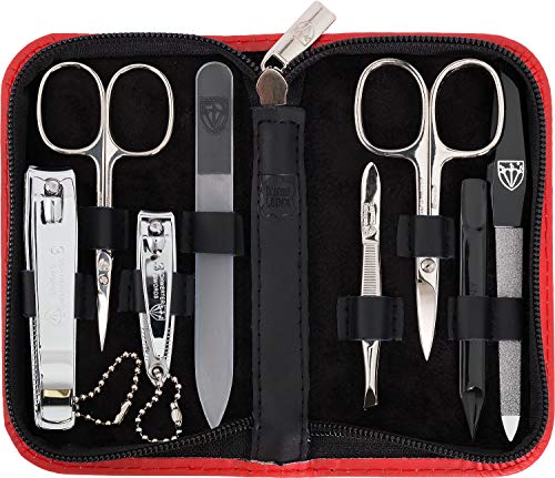 3 Swords Germany - brand quality 8 piece manicure pedicure grooming kit set for professional finger & toe nail care scissors clipper genuine leather case in gift box, Made in Solingen Germany (01641)
