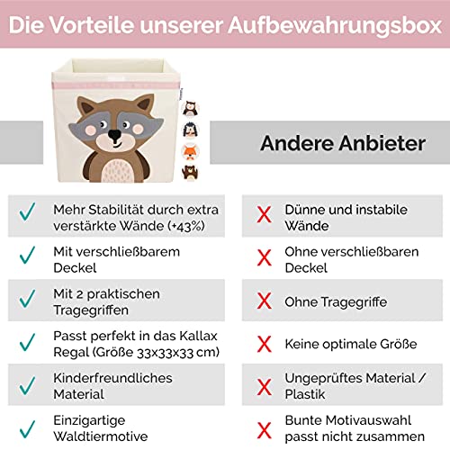 GLÜCKSWOLKE Kinder Aufbewahrungsbox - 15 Motive I Spielzeugkiste mit Deckel für Kinderzimmer I Spielzeug Boxen (33x33x33) zur Aufbewahrung im Kallax Regal I Waldtiere Motiv Waschbär