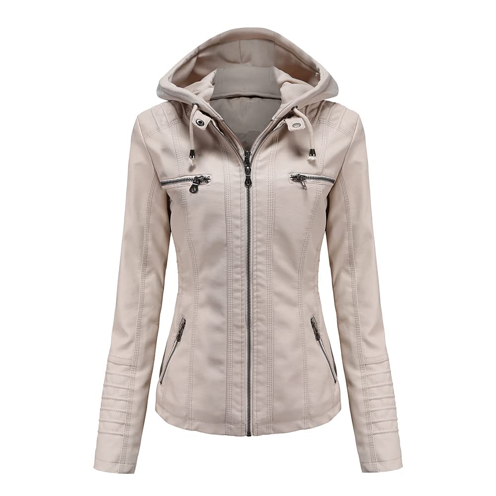 DISSA Veste biker femme en simili cuir à capuche Zip | Capuche amovible, cordons, poches poitrine zippées, poches taille zippées. Veste biker capuche, fermeture éclair