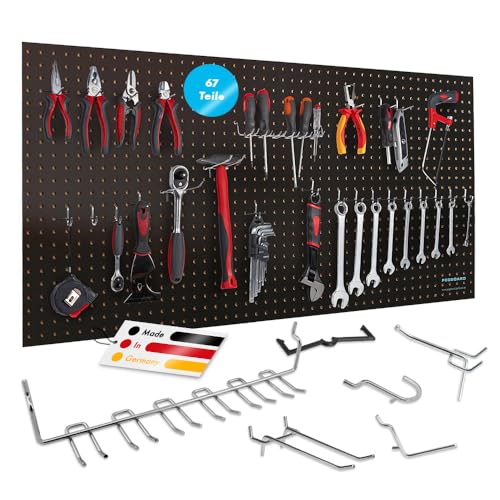 Pegboard Werkzeugwand aus Holz (MDF) inkl. 67-teiligem Hakenset - 120x60x0,5cm schwarz/braun, Ø7mm Löcher & 25,4mm Lochabstand - für Werkstatt und mehr - FSC-zertifiziert & Made in Germany