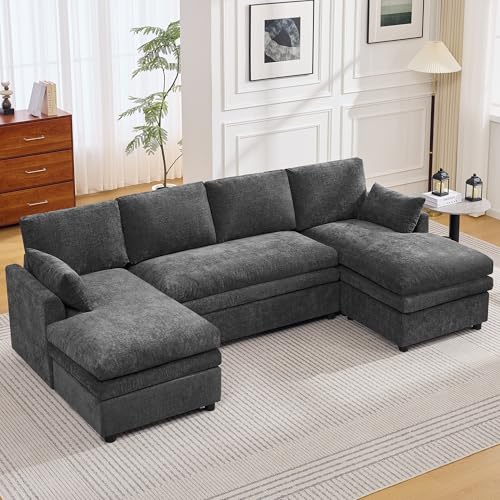 Image of 110 inch Sectional Couches with Double Chaises, Comfy Deep Dual-Layer Cushion Couch, 6 Seater U Shaped Couch, Modern Modular Sofa, Chenille Sofas for Living Room, Apartment, Grey