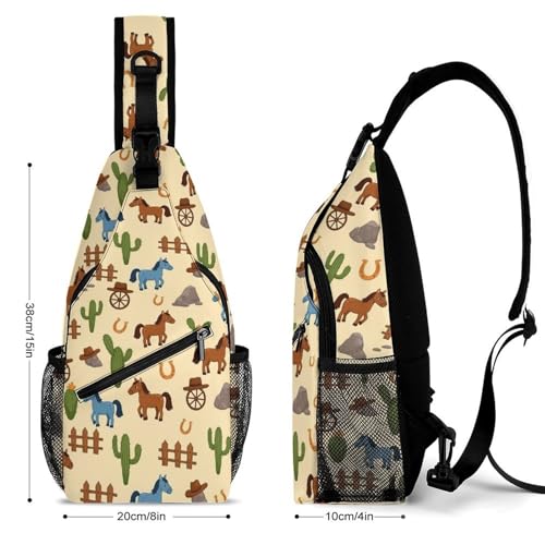 Fashion Traveling Running Casual Chest Bag, Dress Decor Sling Backpack, Shoulder Bag Casual Day Pack Western Cowboy Retro Horse Style2