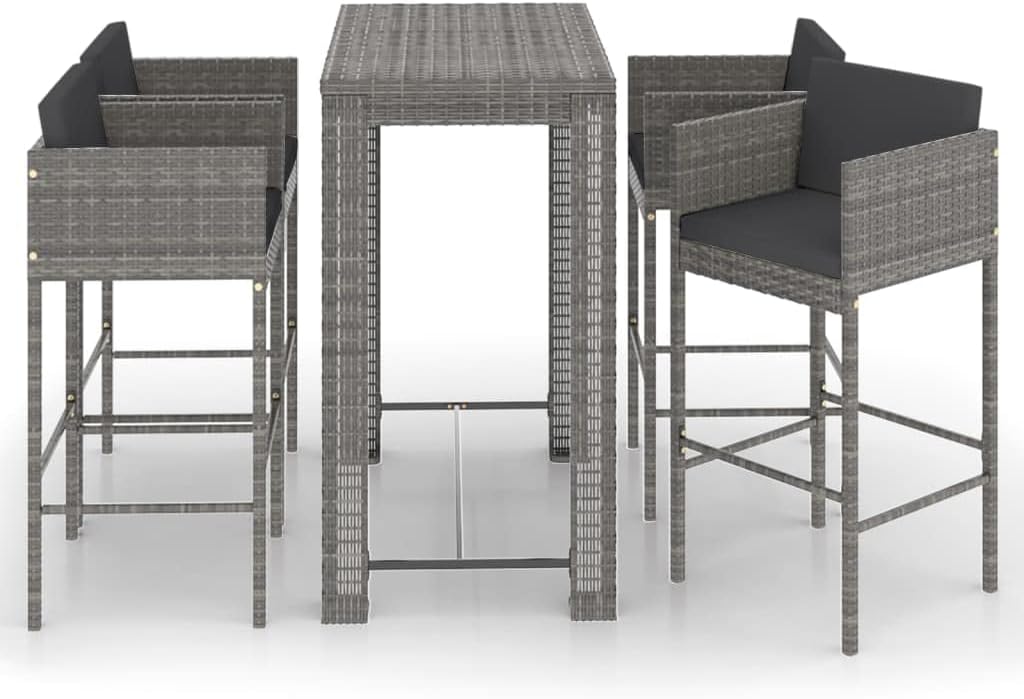 vidaXL Patio Bar Set 5 Piece with Cushions Garden Outdoor Terrace Balcony Dining Table and Chair Seat Seating Furniture Poly Rattan Gray